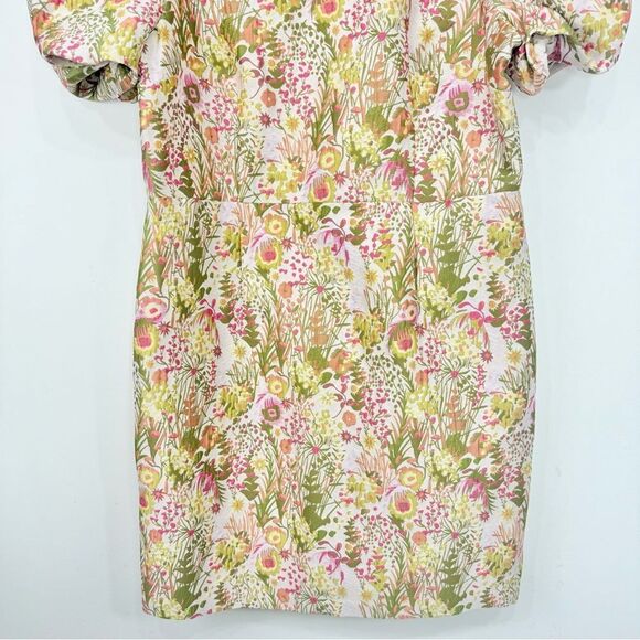Clover and Sloane Pink Green Floral Print Jacquard Puff Sleeve Sheath Mini Dress - Picture 7 of 16